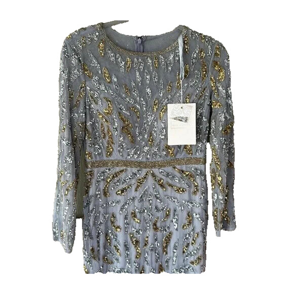 NWT Mac Duggal Beaded Long Sleeve Evening Gown 5124 Platinum Gold - Picture 6 of 7